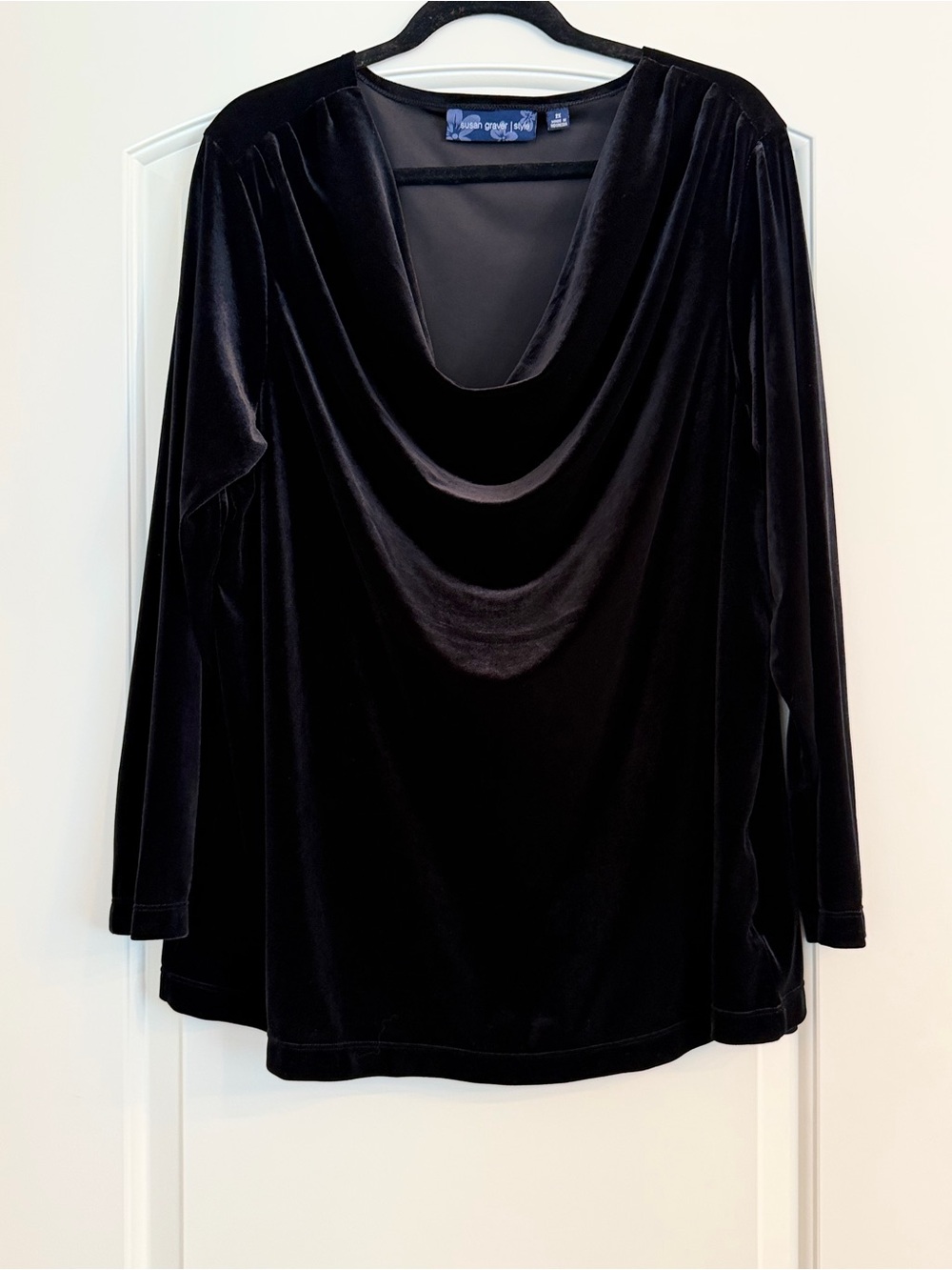 Susan Graver Black Velvet Cowl-Neck Long Sleeve Top, size 2X